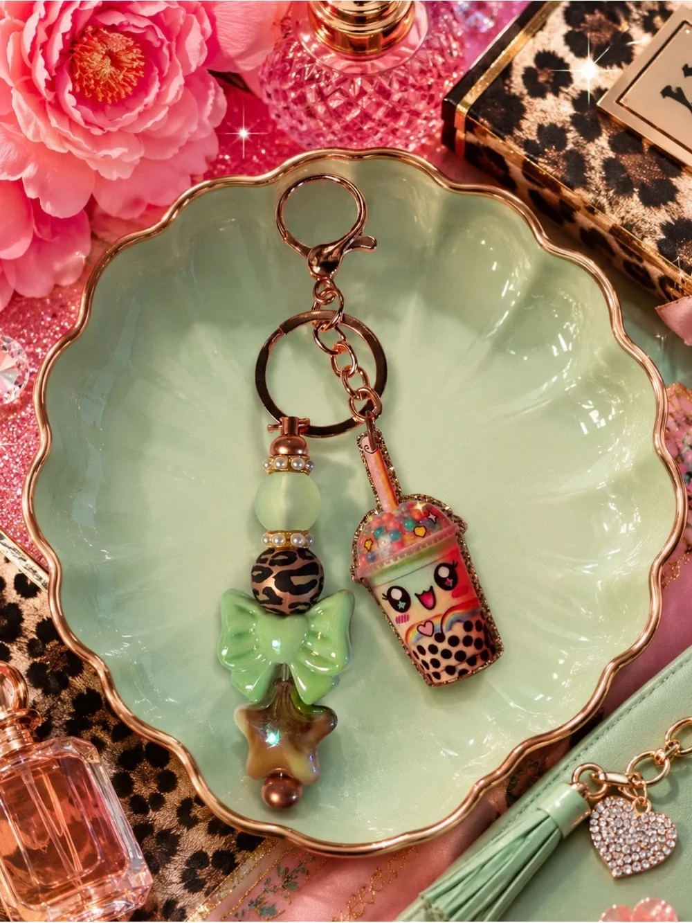 Hand Crafted Mint Green Kawaii Bubble Tea & Bow Keychain